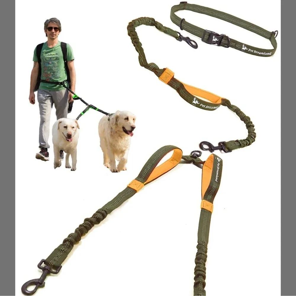 Pet DreamLand Double Dog Leash for Large Dogs - New Green & Orange NIP